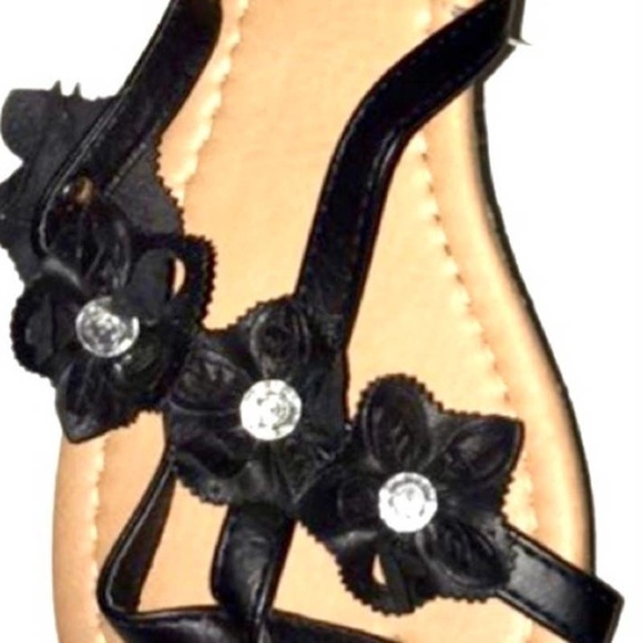 Bohemian Flower Sandals Slides Size 7 Black Rhinestone - Picture 2 of 3